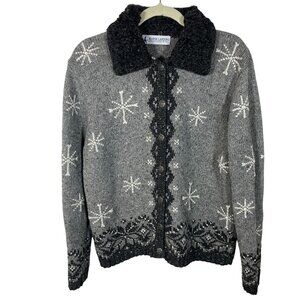 Vintage Marsh Landing Wool Blend Nordic Snowflake Cardigan Sweater Women L Gray